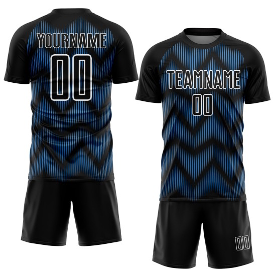 Benutzerdefiniertes Sublimations-Fußballtrikot in Schwarz-Pulverblau mit weißer Linie