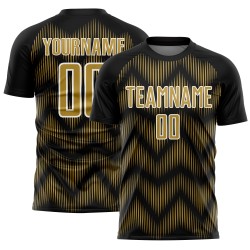 Benutzerdefiniertes Sublimations-Fußballtrikot in Schwarz mit alter Gold-Weiß-Linie