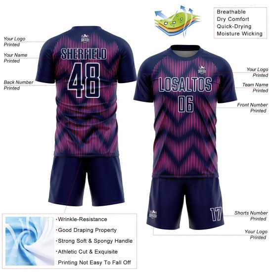 Benutzerdefiniertes Marineblau-Pink-Weiß-Linien-Sublimations-Fußballtrikot