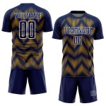 Benutzerdefiniertes Marineblaues Fußballtrikot mit gold-weißer Linie und Sublimationsdruck