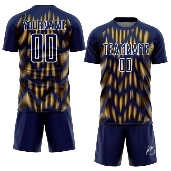Benutzerdefiniertes Marineblaues Fußballtrikot mit gold-weißer Linie und Sublimationsdruck