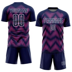 Benutzerdefiniertes Marineblau-Pink-Weiß-Linien-Sublimations-Fußballtrikot