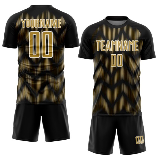 Benutzerdefiniertes Sublimations-Fußballtrikot in Schwarz mit alter Gold-Weiß-Linie Benutzerdefiniertes Sublimations-Fußballtrikot in Schwarz mit alter Gold-Weiß-Linie