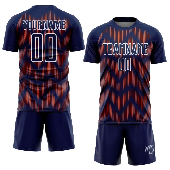 Benutzerdefiniertes Sublimations-Fußballtrikot in Marineblau und Orange mit weißer Linie