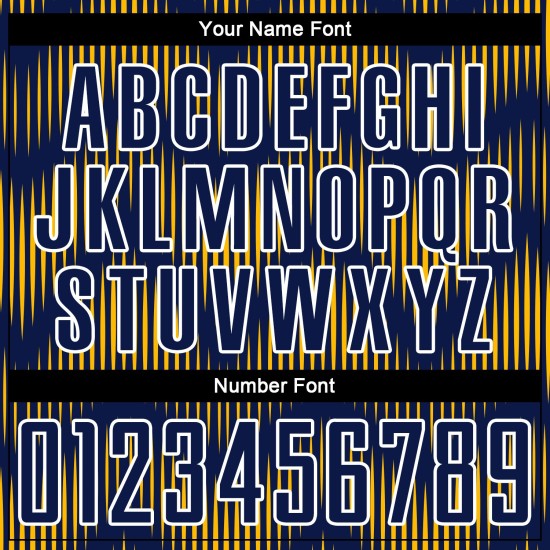 Benutzerdefiniertes Marineblaues Fußballtrikot mit gold-weißer Linie und Sublimationsdruck