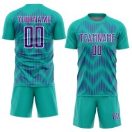 Benutzerdefiniertes Aqua-Lila-Weiß-Linien-Sublimations-Fußballtrikot