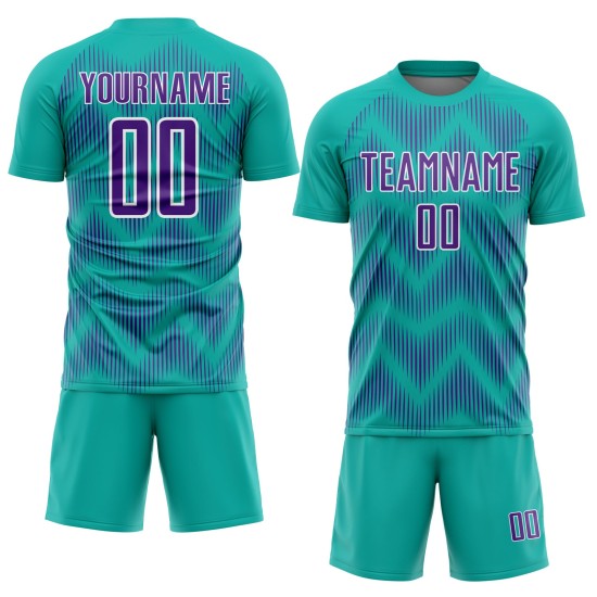 Benutzerdefiniertes Aqua-Lila-Weiß-Linien-Sublimations-Fußballtrikot