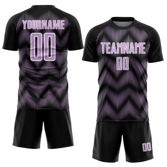 Benutzerdefiniertes Sublimations-Fußballtrikot in Schwarz-Hellviolett mit weißer Linie Benutzerdefiniertes Sublimations-Fußballtrikot in Schwarz-Hellviolett mit weißer Linie