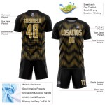 Benutzerdefiniertes Sublimations-Fußballtrikot in Schwarz mit alter Gold-Weiß-Linie Benutzerdefiniertes Sublimations-Fußballtrikot in Schwarz mit alter Gold-Weiß-Linie
