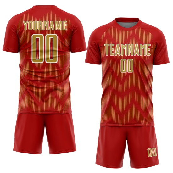 Benutzerdefiniertes Sublimations-Fußballtrikot in Rot und Altgold mit weißer Linie