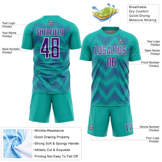 Benutzerdefiniertes Aqua-Lila-Weiß-Linien-Sublimations-Fußballtrikot
