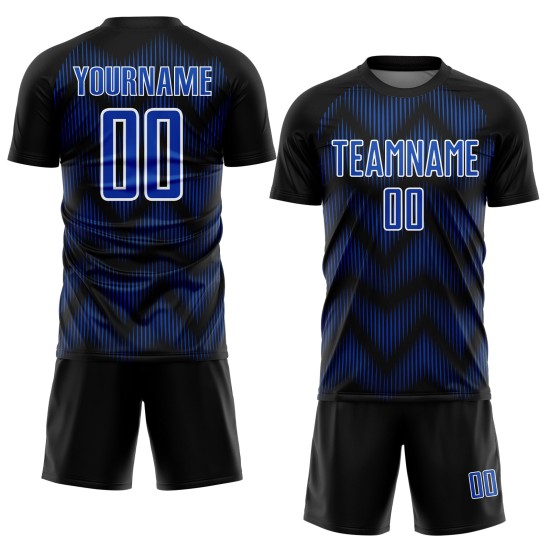 Benutzerdefiniertes Sublimations-Fußballtrikot mit der Linie „Black Thunder Blue-White“