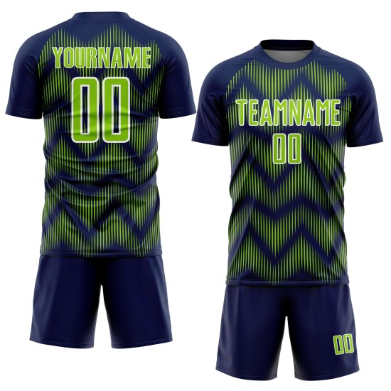 Benutzerdefiniertes Marineblaues Neongrün-Weißes Sublimations-Fußballtrikot