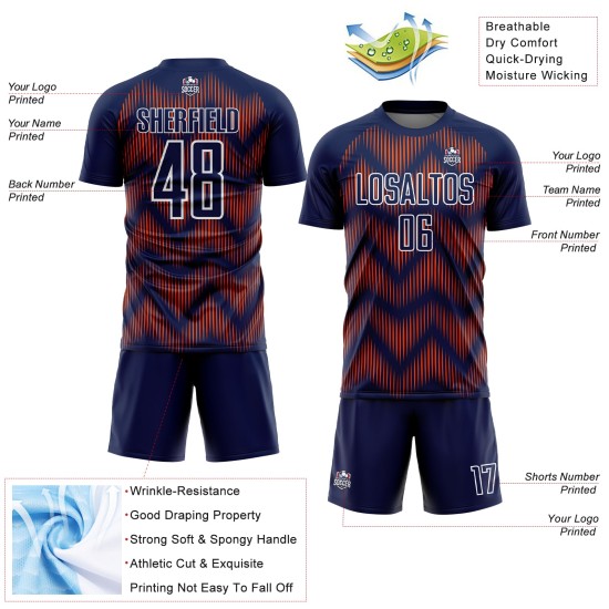 Benutzerdefiniertes Sublimations-Fußballtrikot in Marineblau und Orange mit weißer Linie
